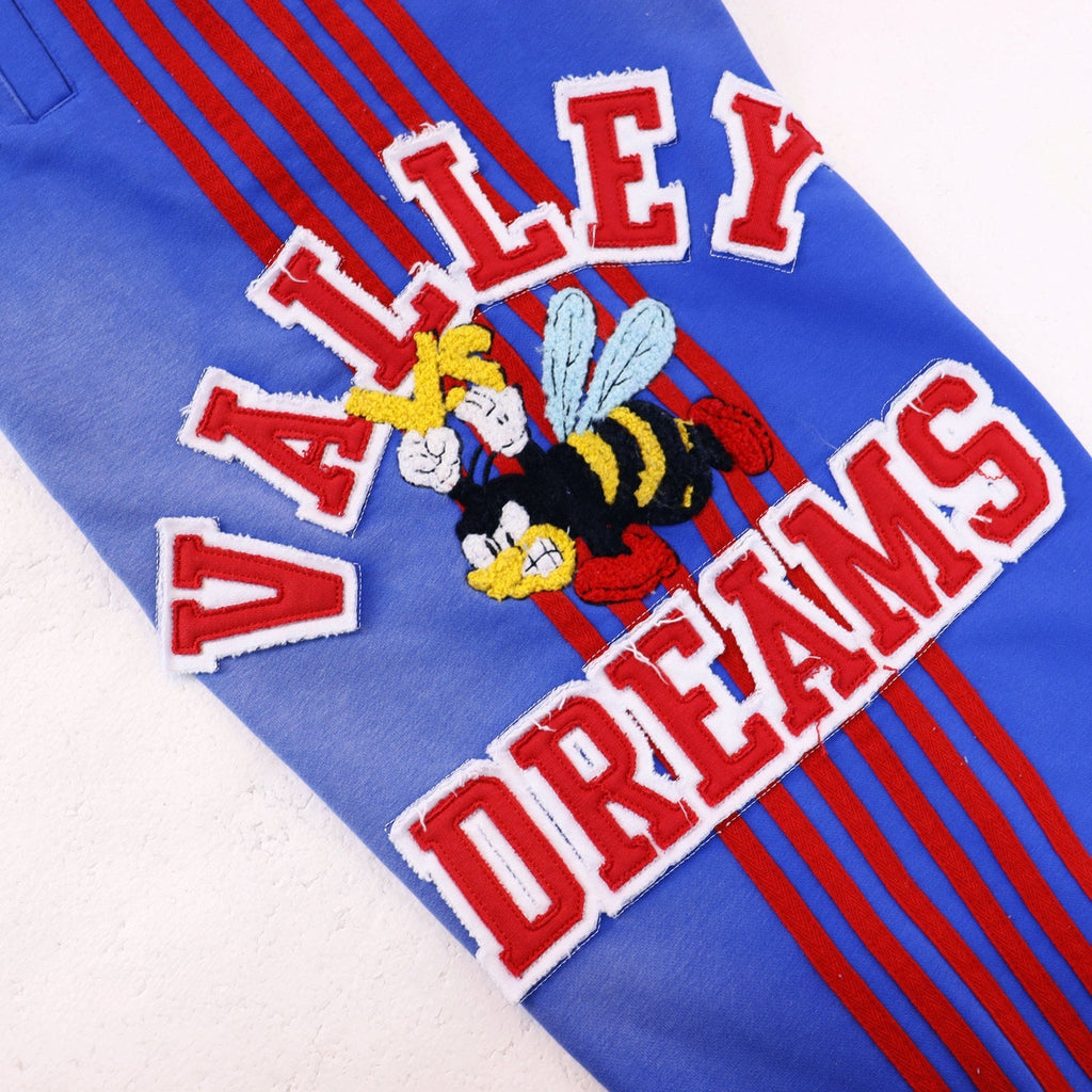 Valley Dreams Cartoon Bee Stripe‑Sleeve Wide‑Leg Sweatpants, Washed Blue Vintage Streetwear Unisex Trousers