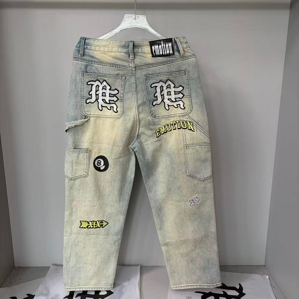 MIXED EMOTION Patchwork Graphic Straight-Leg Jeans