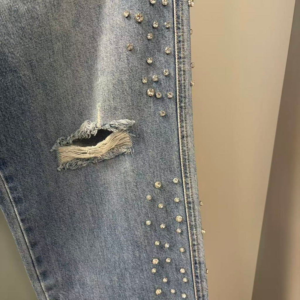 MIXED EMOTION Studded Distressed Double-Tone Jeans
