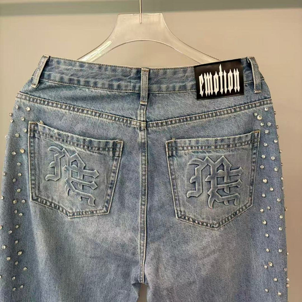 MIXED EMOTION Studded Distressed Double-Tone Jeans