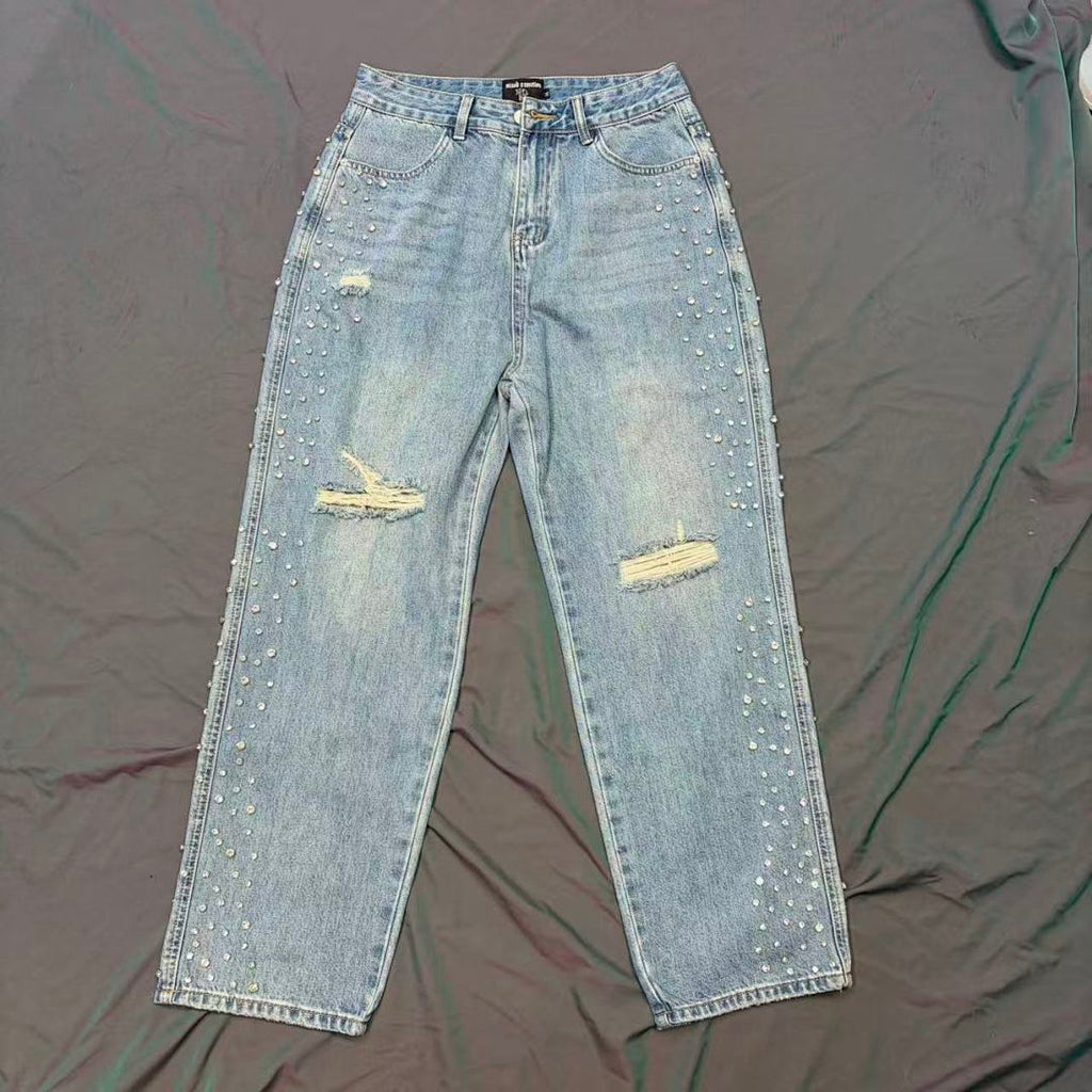 MIXED EMOTION Studded Distressed Double-Tone Jeans