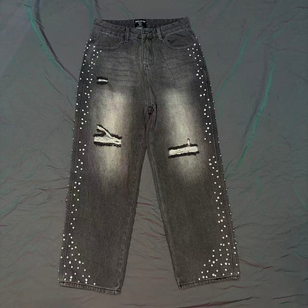 MIXED EMOTION Studded Distressed Double-Tone Jeans