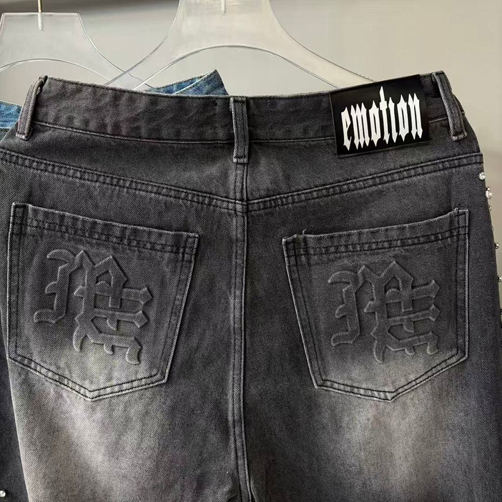 MIXED EMOTION Studded Distressed Double-Tone Jeans