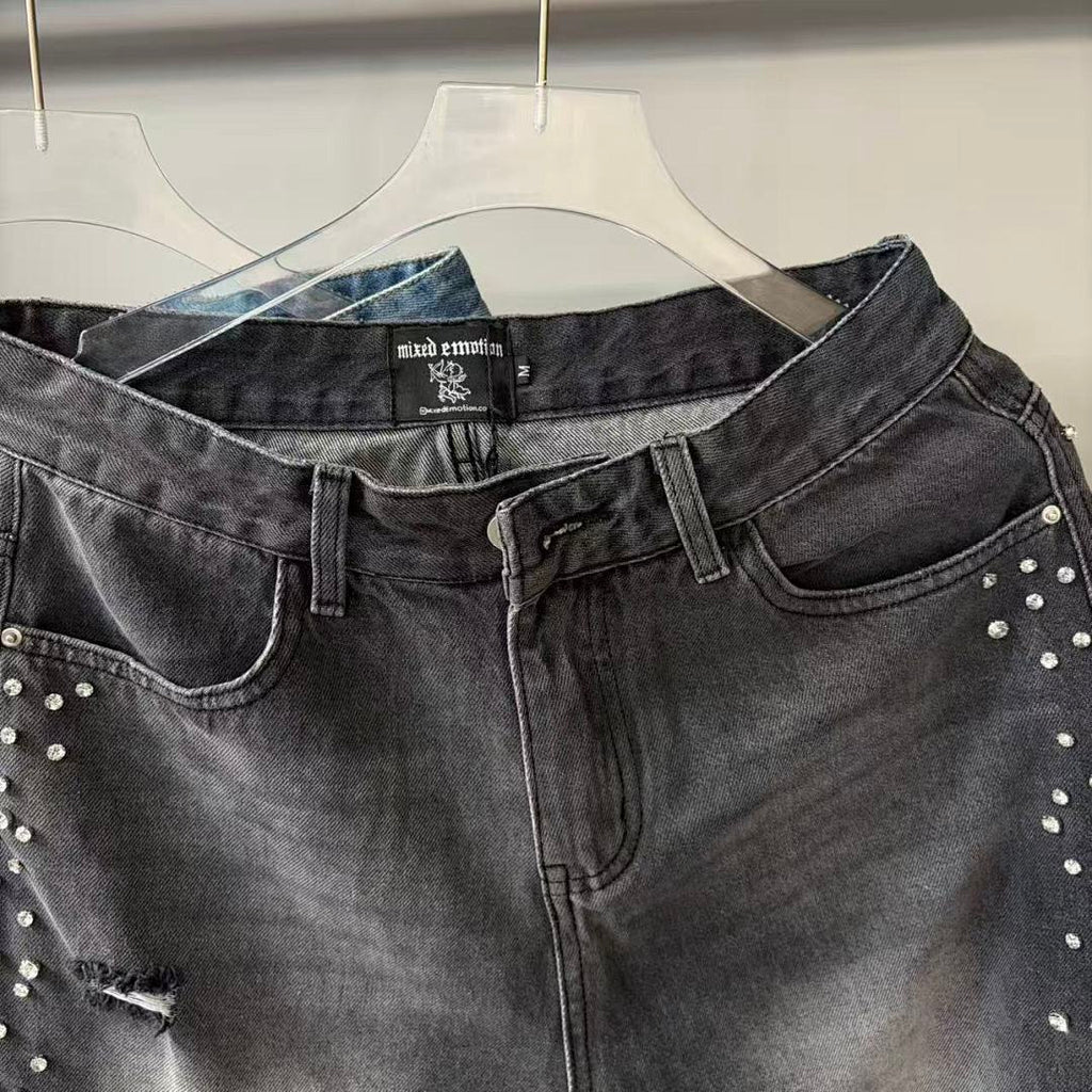 MIXED EMOTION Studded Distressed Double-Tone Jeans