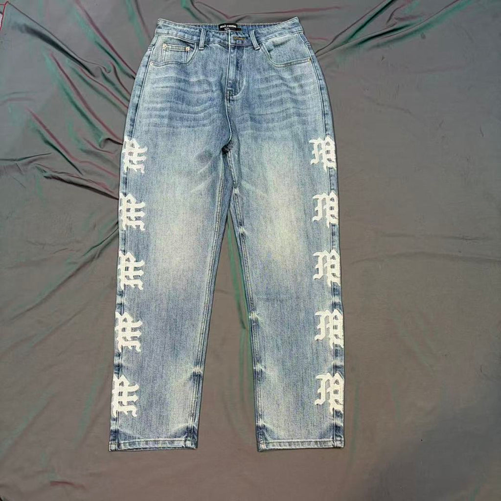 MIXED EMOTION Side Letter Straight-Leg Jeans