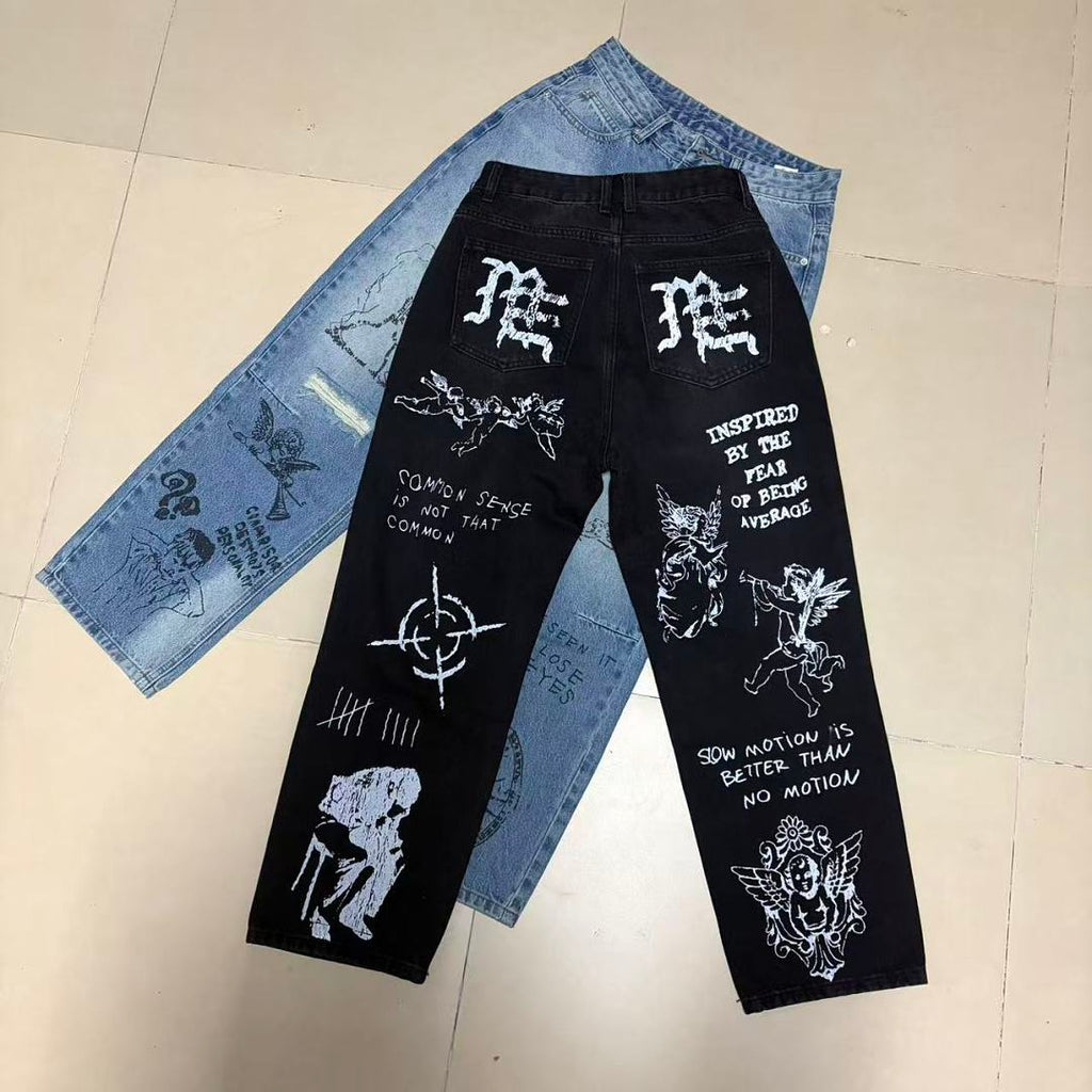 MIXED EMOTION Dual Graphic Distressed Denim Jeans