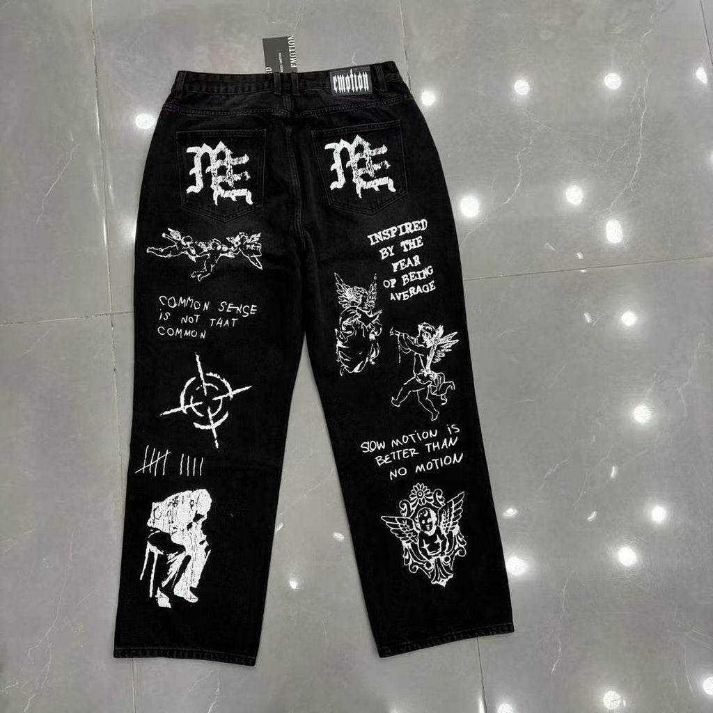 MIXED EMOTION Dual Graphic Distressed Denim Jeans