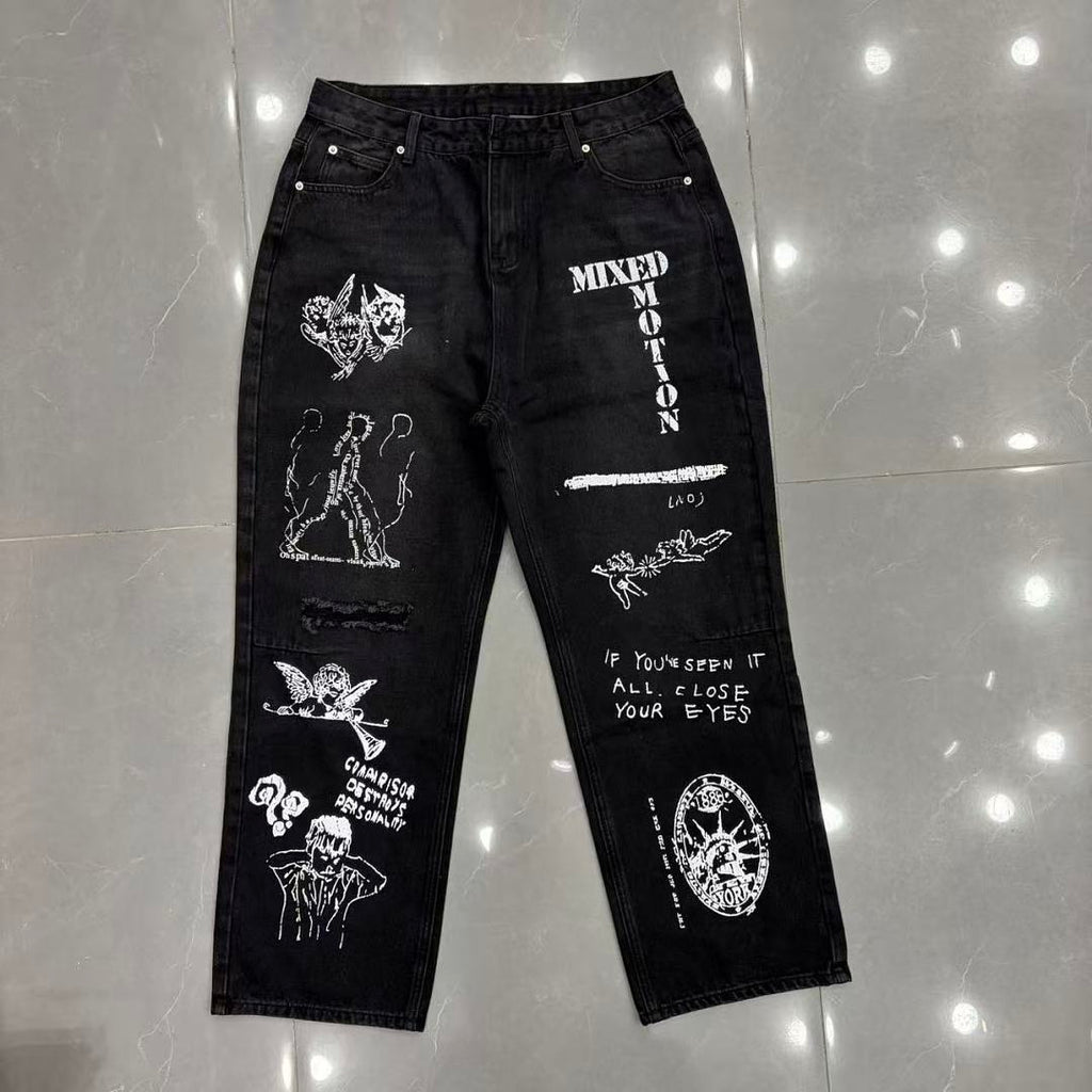 MIXED EMOTION Dual Graphic Distressed Denim Jeans
