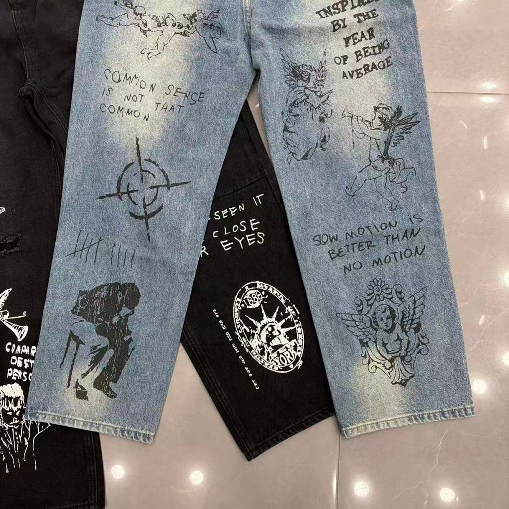 MIXED EMOTION Dual Graphic Distressed Denim Jeans