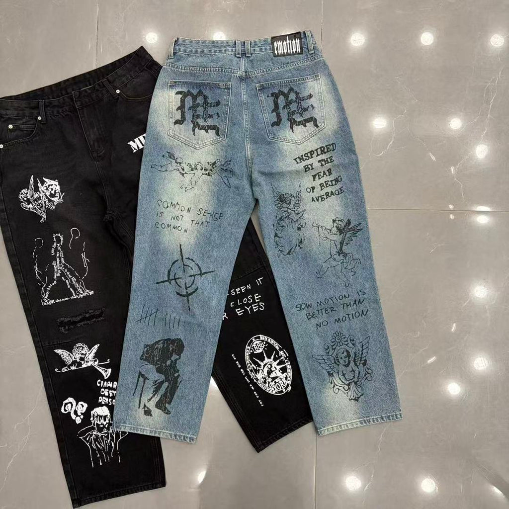 MIXED EMOTION Dual Graphic Distressed Denim Jeans
