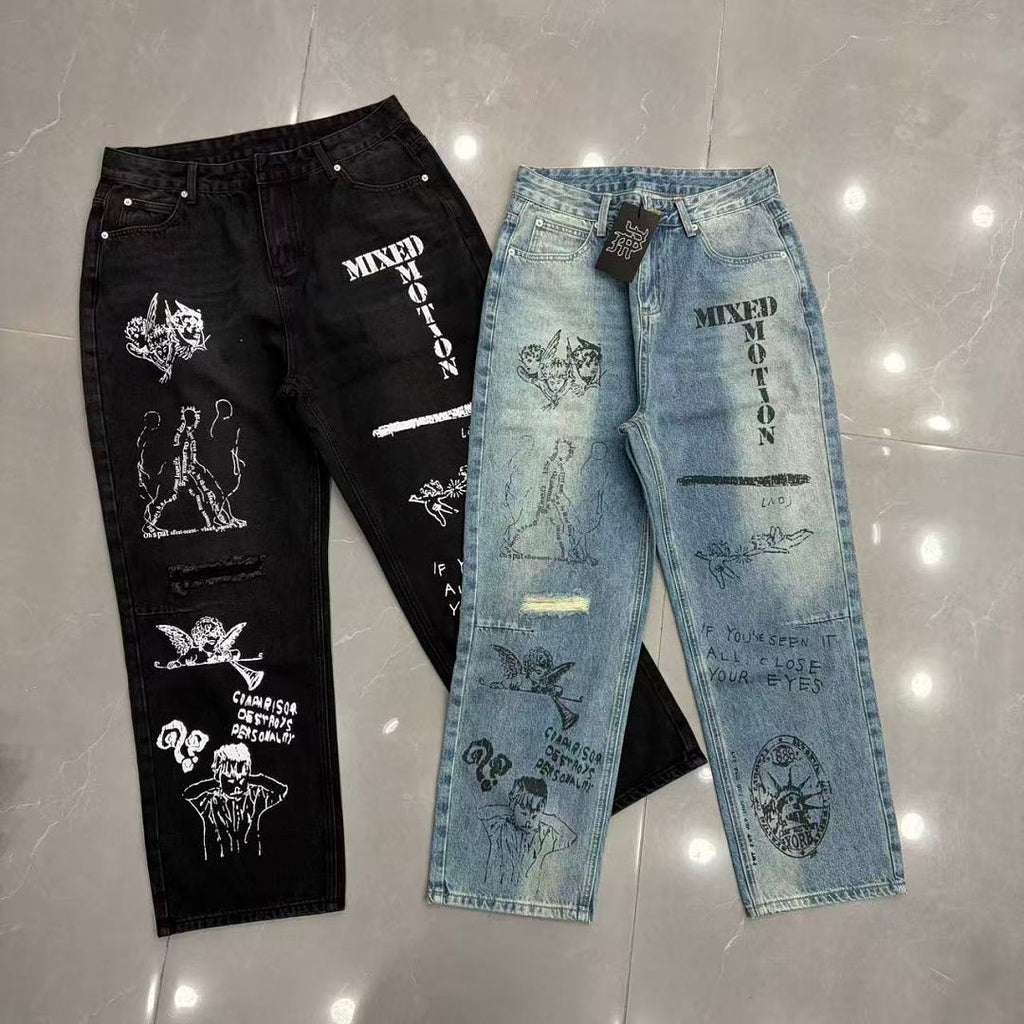 MIXED EMOTION Dual Graphic Distressed Denim Jeans