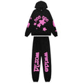 Sp5der Black Hoodie & Pants Set with Pink Stars