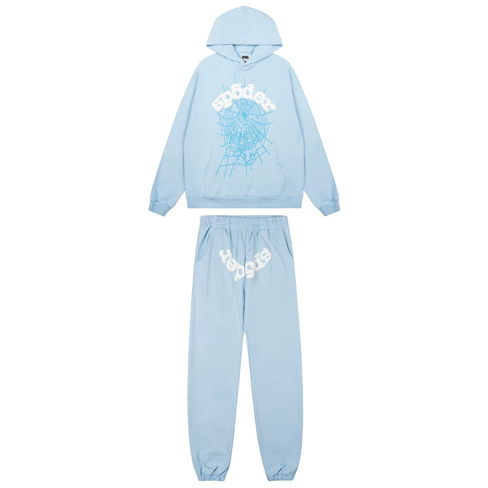 Sp5der Graphic Splash Hoodie & Sweatpants Set - Light Blue