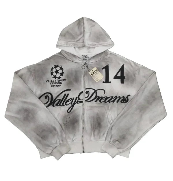 Valley Dreams No.14 Vintage Washed Cropped Zip‑Up Hoodie, Unisex Grey Streetwear Jacket